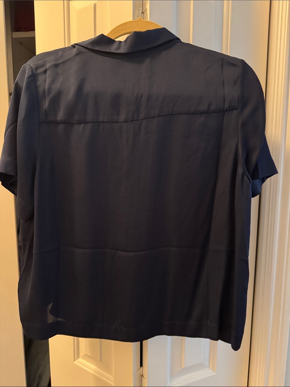 Quince Navy Washable Silk Short Sleeve Button Front Blouse - Picture 4 of 4
